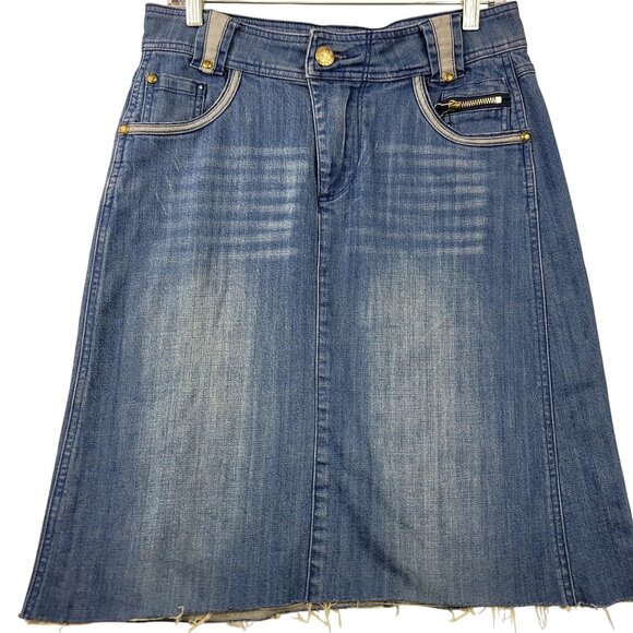 Style J Womens Denim Skirt Butterfly Pocket Embroidery Frayed Hem Y2K Sz30 Large - Picture 1 of 10